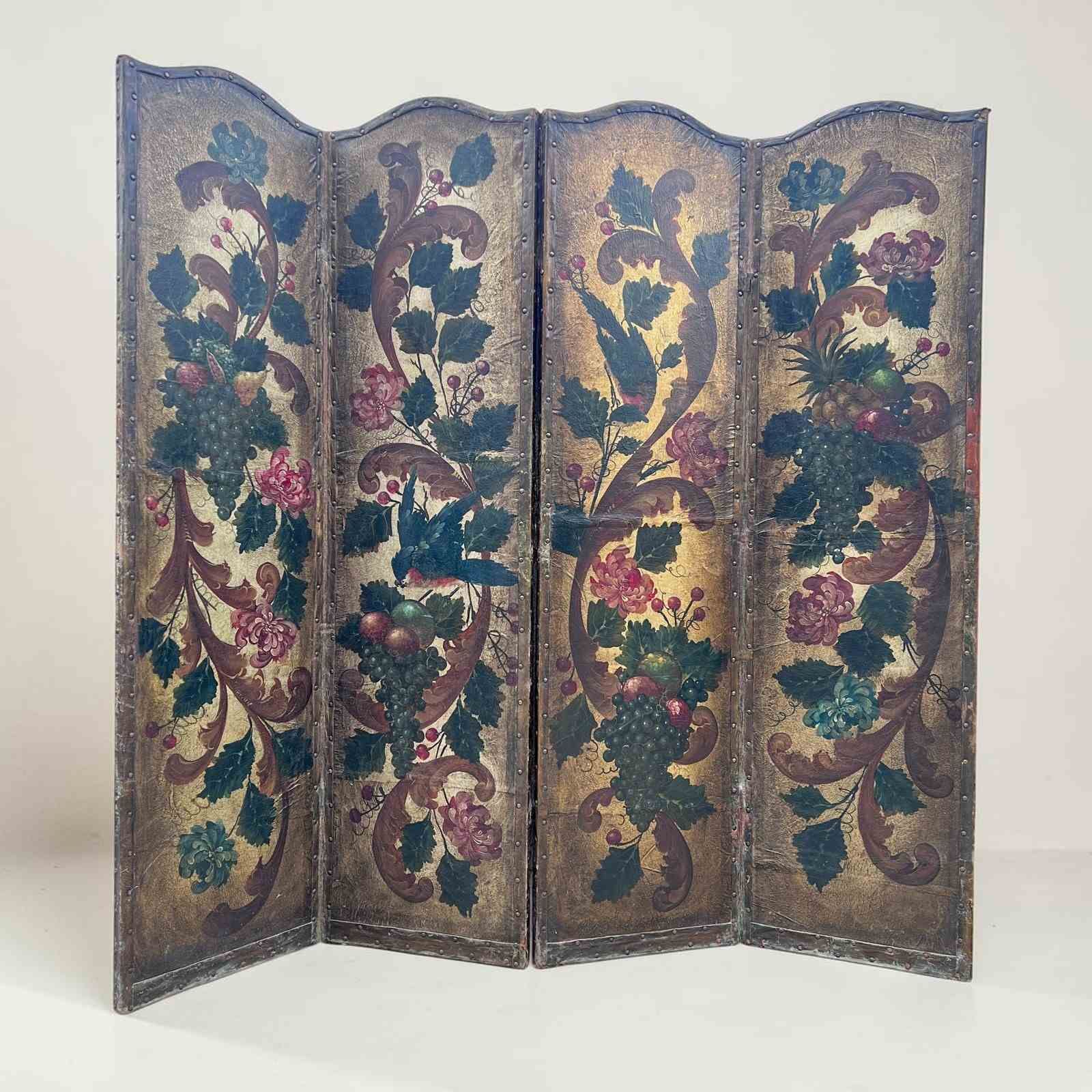 Antique French Hand Painted Four Fold Leather Room Divider Screen