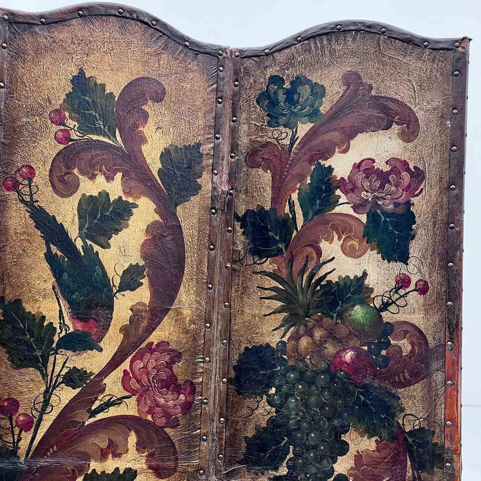Antique French Hand Painted Four Fold Leather Room Divider Screen photo 1375.0