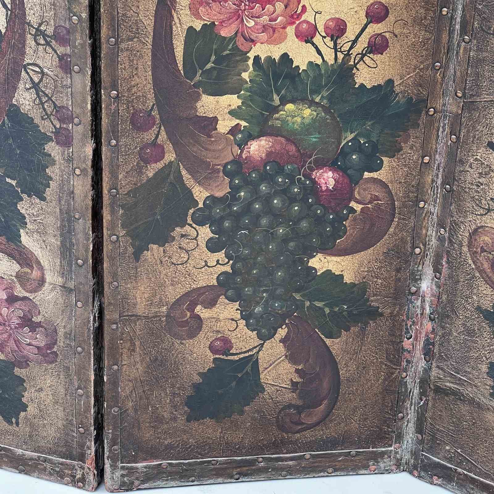 Antique French Hand Painted Four Fold Leather Room Divider Screen photo vintage