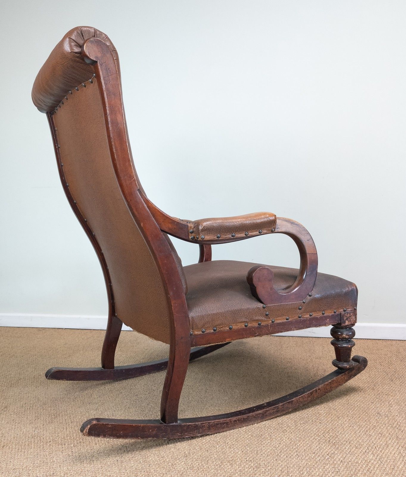 Antique Vintage Mahogany Framed Scroll Arm Tan Brown Leather Rocking Arm Chair photo for sale