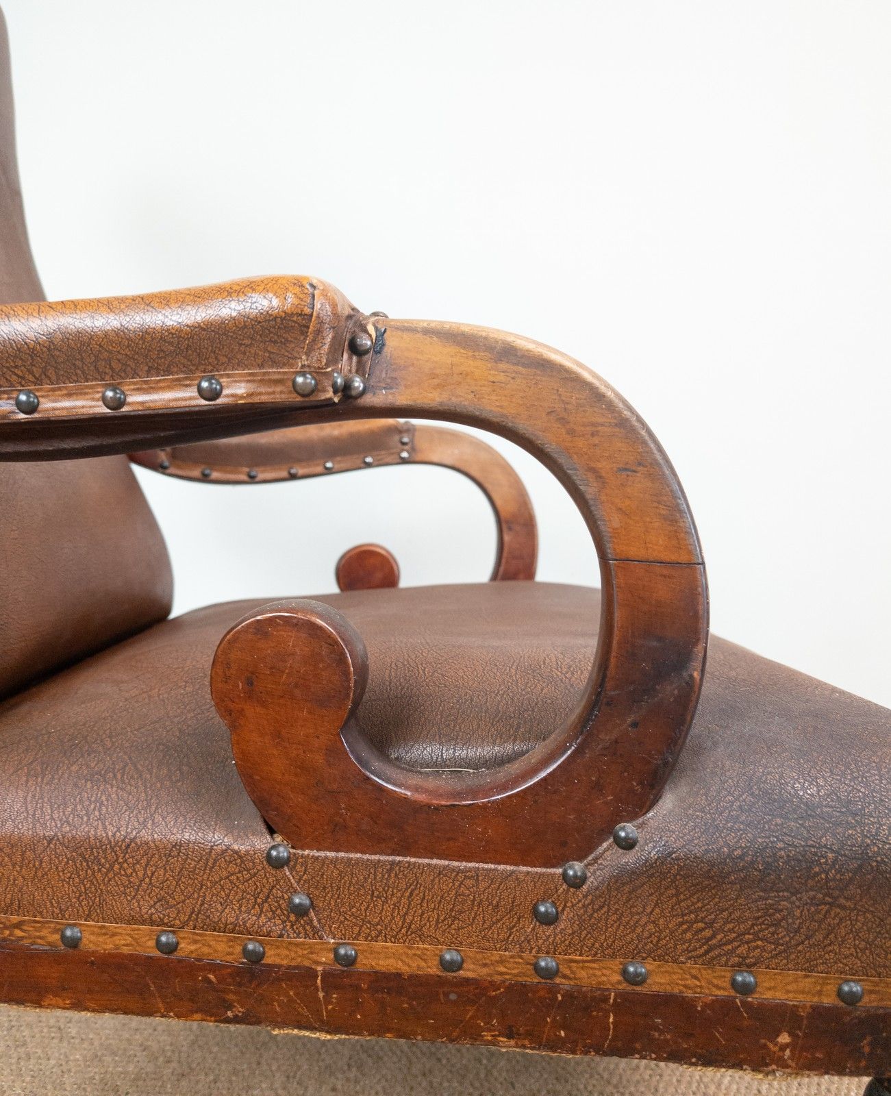 photo for sale Antique Vintage Mahogany Framed Scroll Arm Tan Brown Leather Rocking Arm Chair