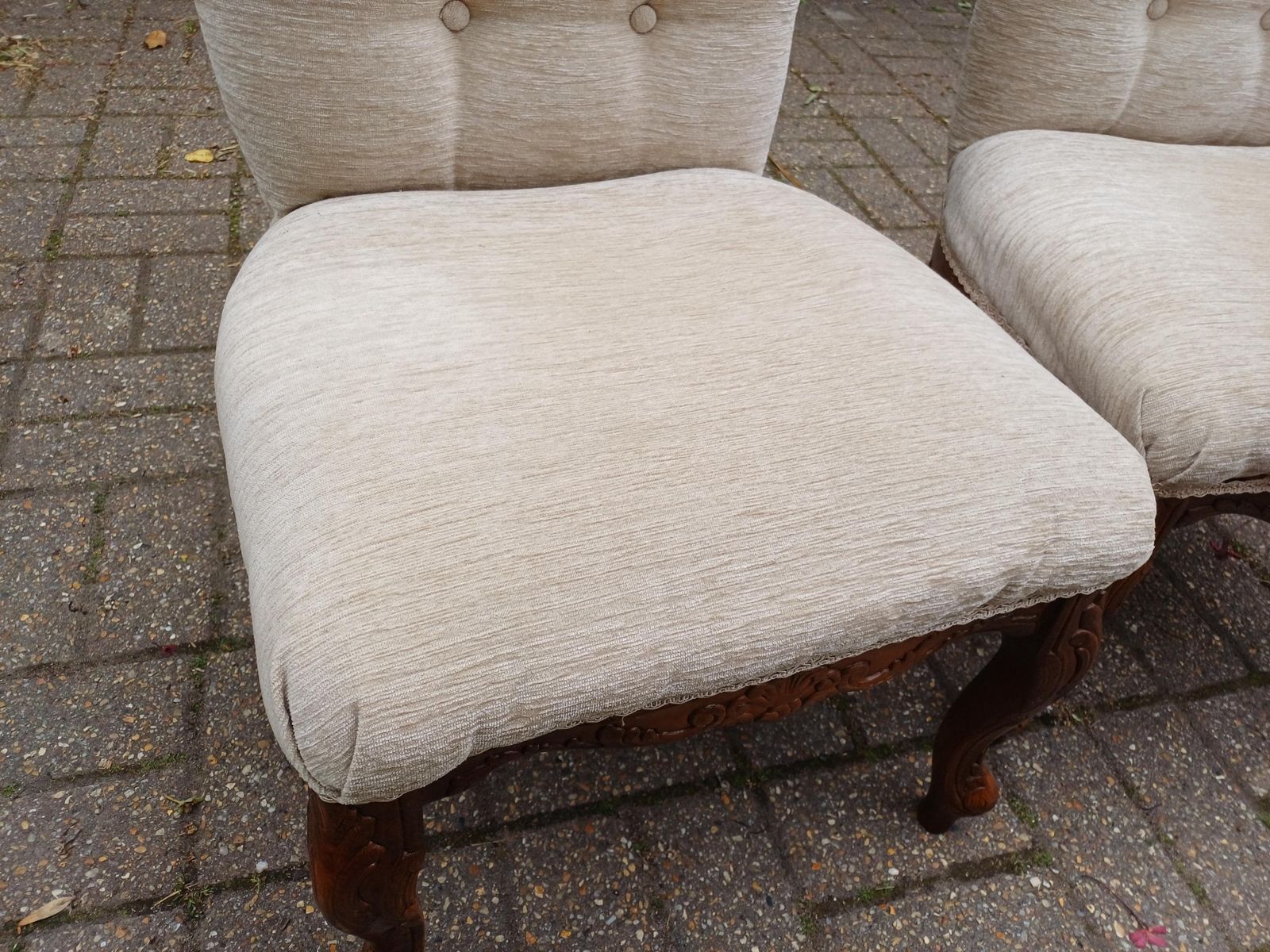 Pair Of Vintage Newly Upholstered Nursing Chairs Carved Hardwood Side Occasional Chairs photo vinterior