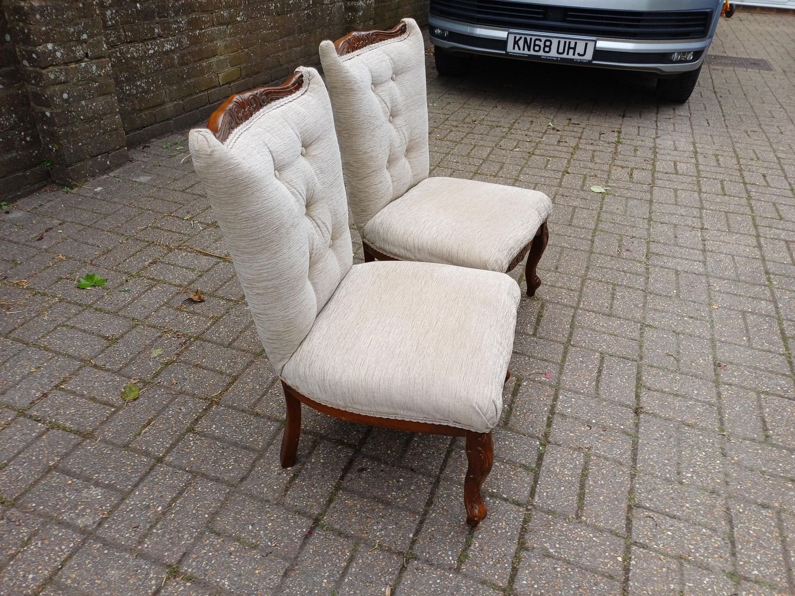 photo for sale Pair Of Vintage Newly Upholstered Nursing Chairs Carved Hardwood Side Occasional Chairs