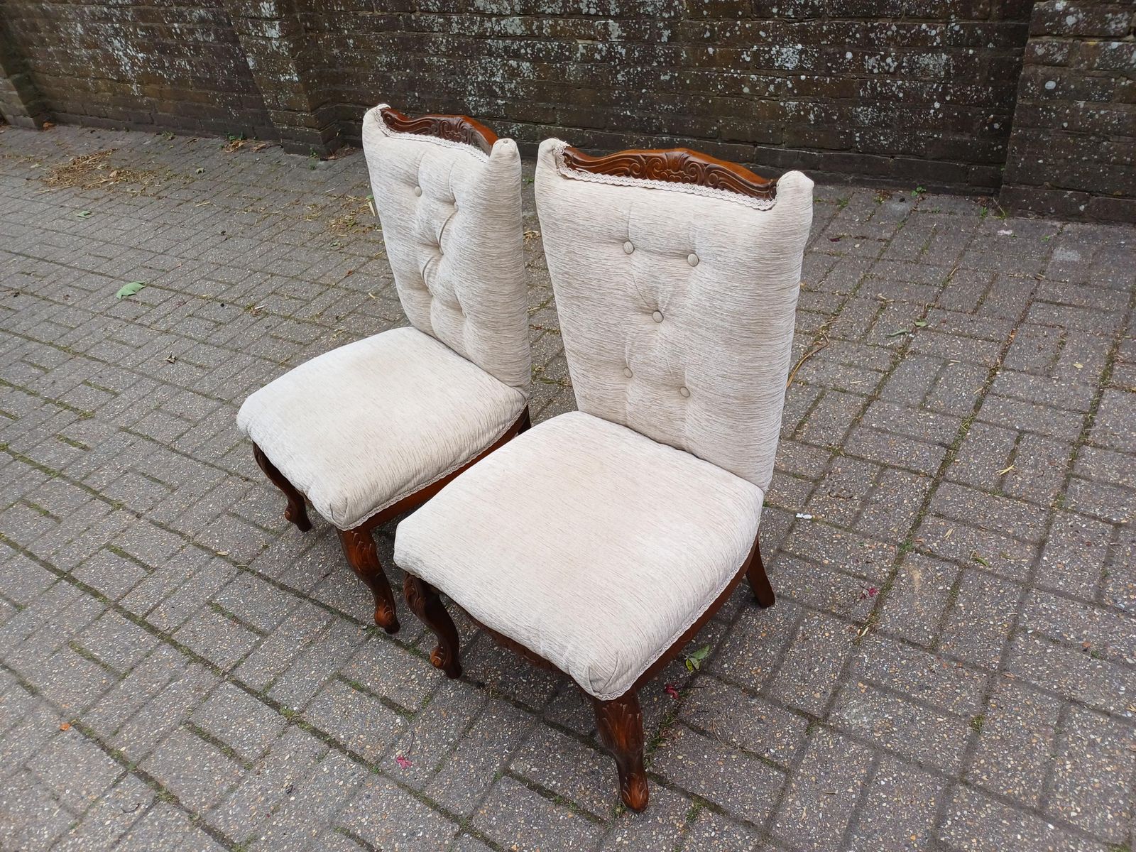 photo vintage Pair Of Vintage Newly Upholstered Nursing Chairs Carved Hardwood Side Occasional Chairs
