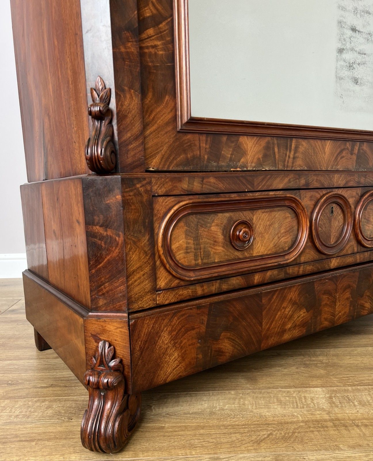photo vinterior Wardrobe Antique French Burr Walnut Mirrored Two Drawer Armoire Cabinet Lot 6098