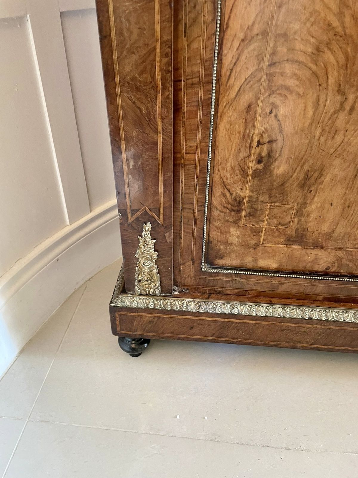 photo furniture Outstanding Quality Pair Of Antique 19th Century Inlaid Burr Walnut And Porcelain Mounted Pier Cabinets