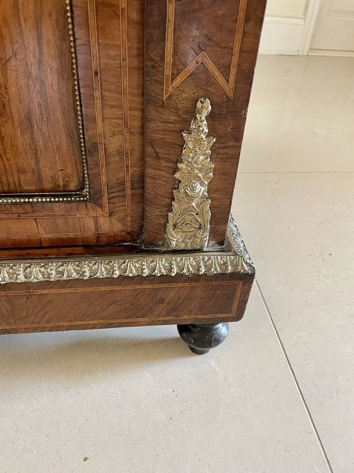 photo for sale Outstanding Quality Pair Of Antique 19th Century Inlaid Burr Walnut And Porcelain Mounted Pier Cabinets