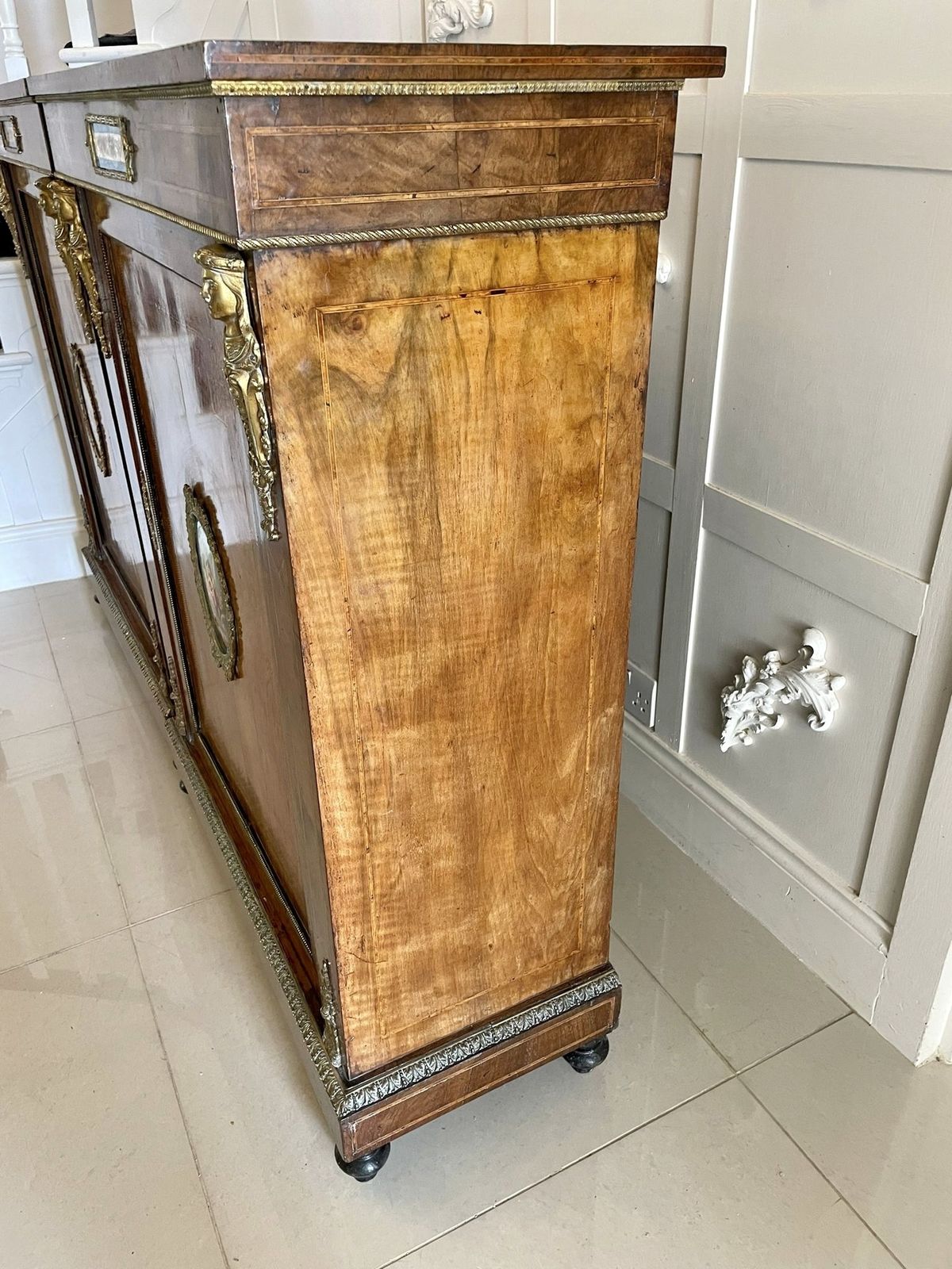 Furniture Outstanding Quality Pair Of Antique 19th Century Inlaid Burr Walnut And Porcelain Mounted Pier Cabinets photo