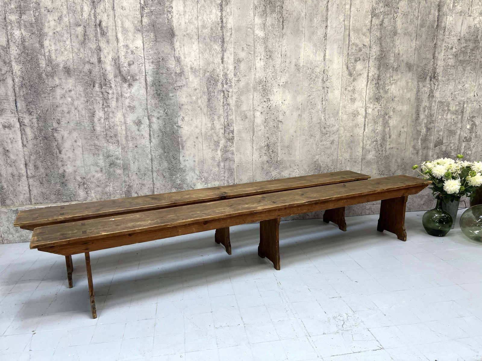 Pair Of Pitch Pine Vineyard Nearly 3m Long Benches