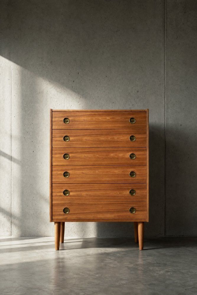 Mid Century Danish Modern High Teak Highboy With Brass Handles, 1960s