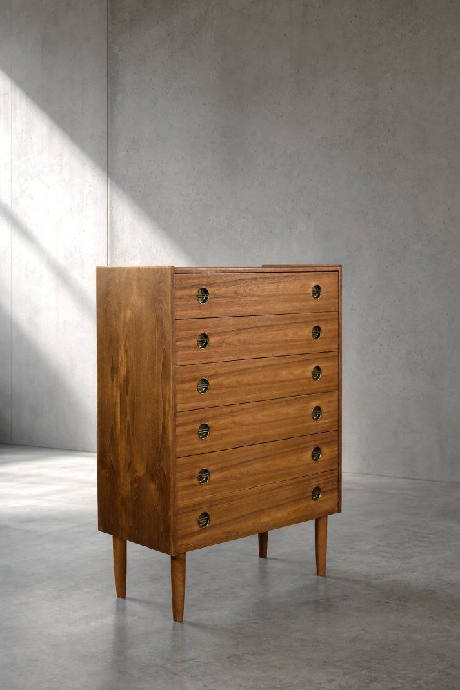 photo buy Mid Century Danish Modern High Teak Highboy With Brass Handles, 1960s