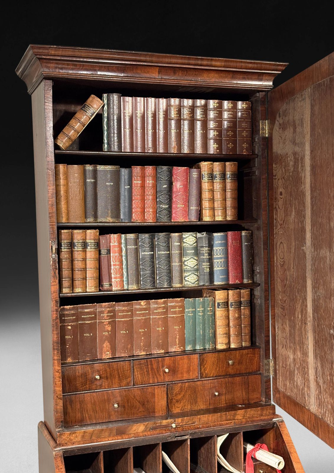 Queen Anne Period Burr Walnut Small Bureau Bookcase photo for sale