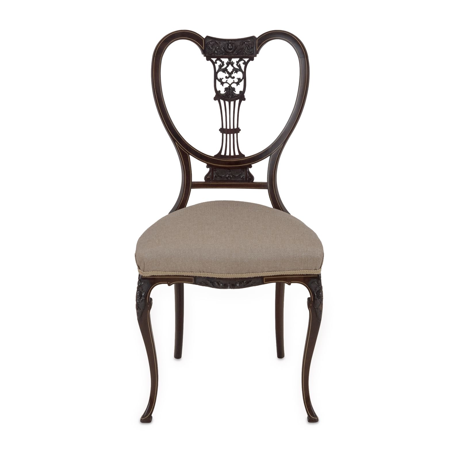 photo for sale Set Of Four Fine Sheraton Revival Inlaid Mahogany Salon Chairs, C.1900