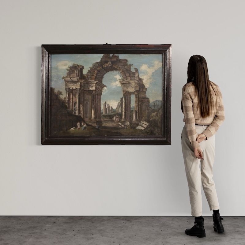 20e-eeuws Italiaans architectonisch capriccio-schilderij photo furniture
