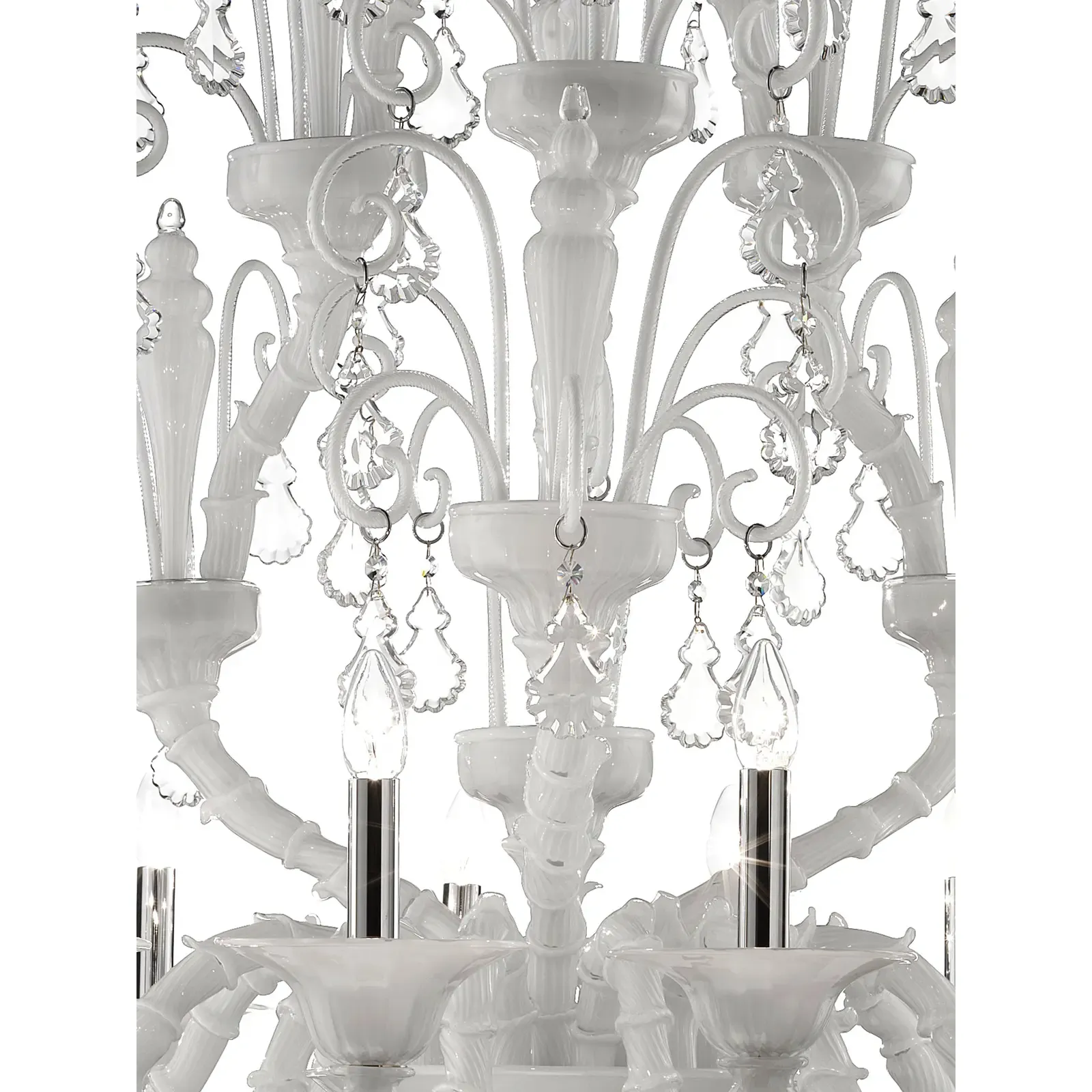 Handcrafted Modern White Ca’ Rezzonico Chandelier With Curled Murano Glass Details photo for sale