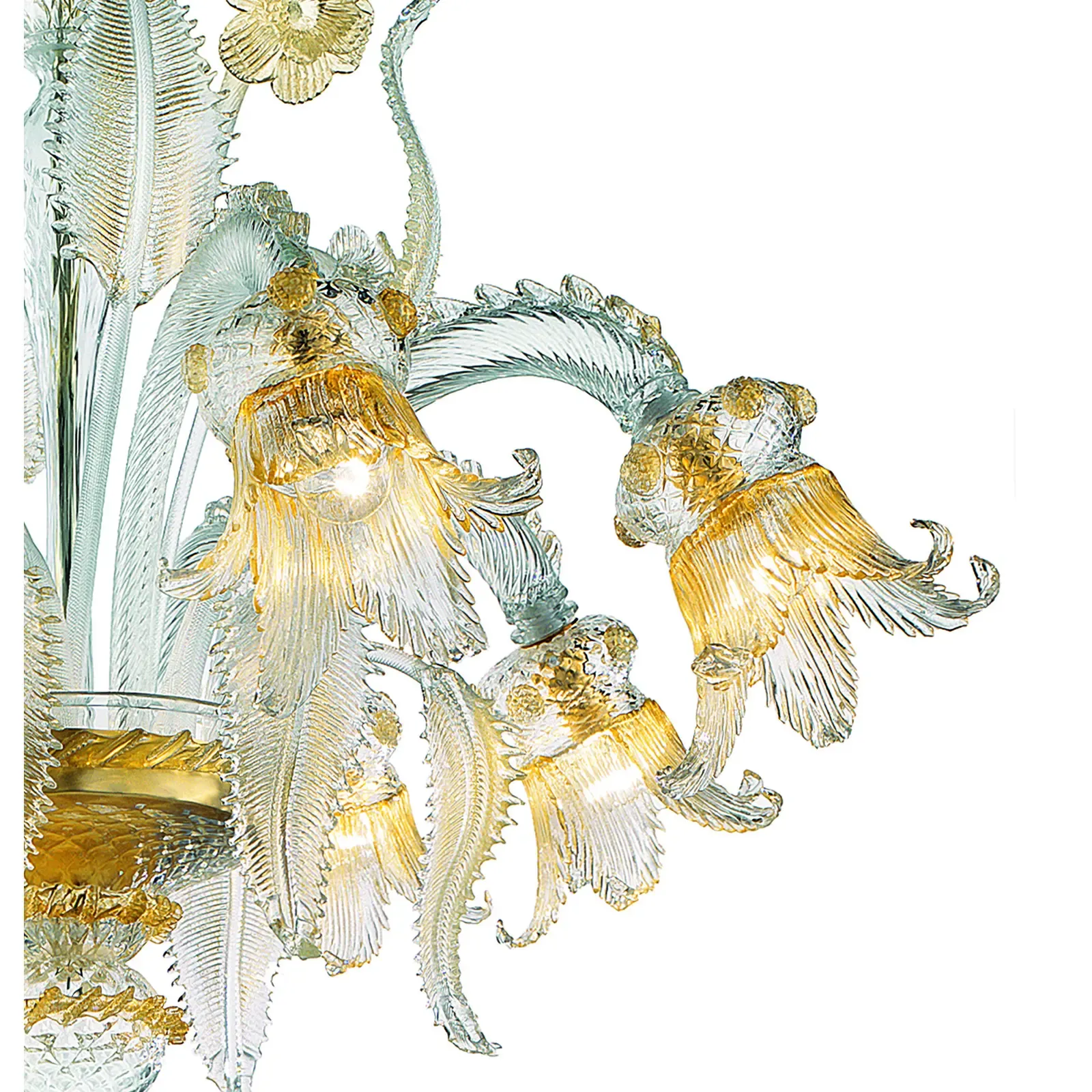 Ornate Clear And Gold Leaf Murano Glass Floral Chandelier — Italian Design photo for sale