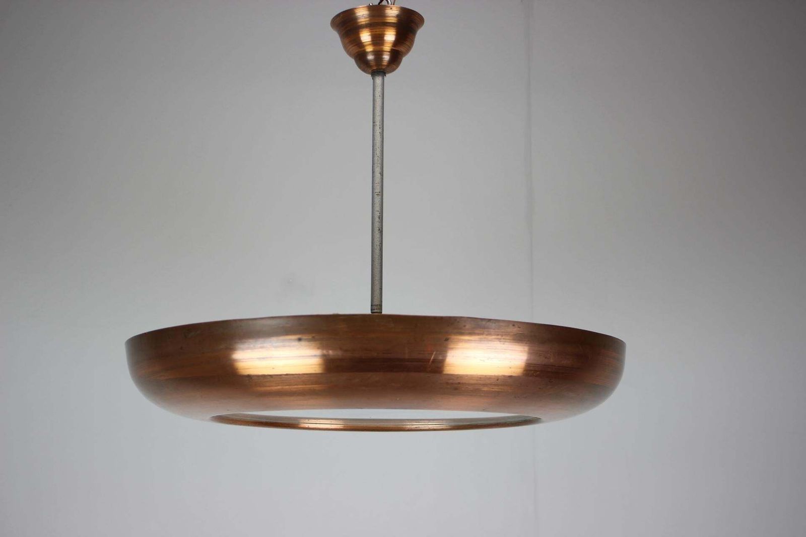 Grote art deco koperen UFO-hanglamp, Tsjecho-Slowakije, jaren 1930 photo for sale