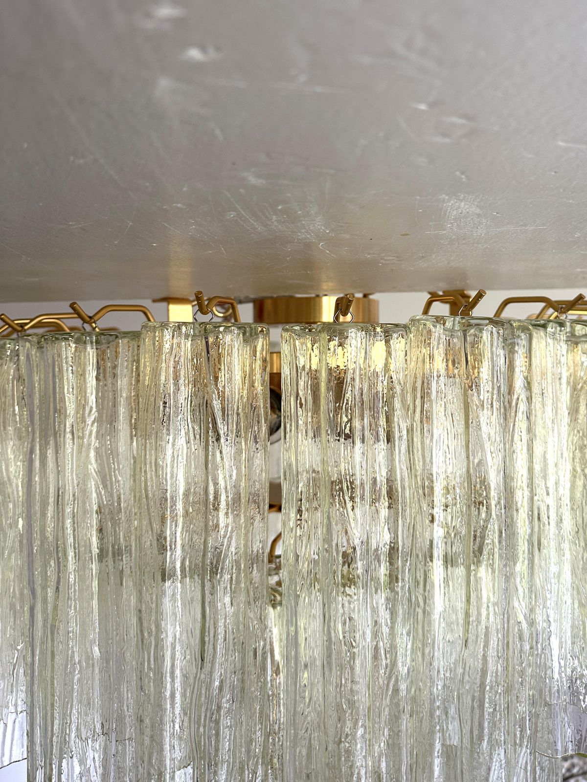 Scenographic Italian Hand Made Flush Mount With Old Crystal “Tronchi” Murano Glass photo buy