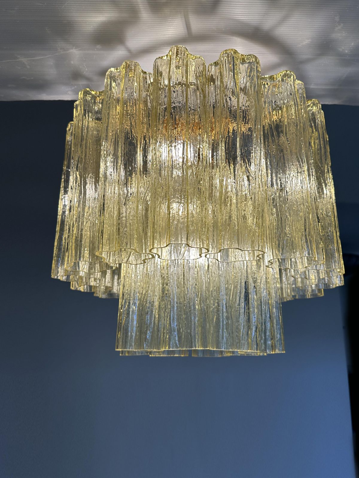 Contemporary Italian Hand Made Gold Flush Mount With Clear Amber “Tronchi” Murano Glass photo Lighting