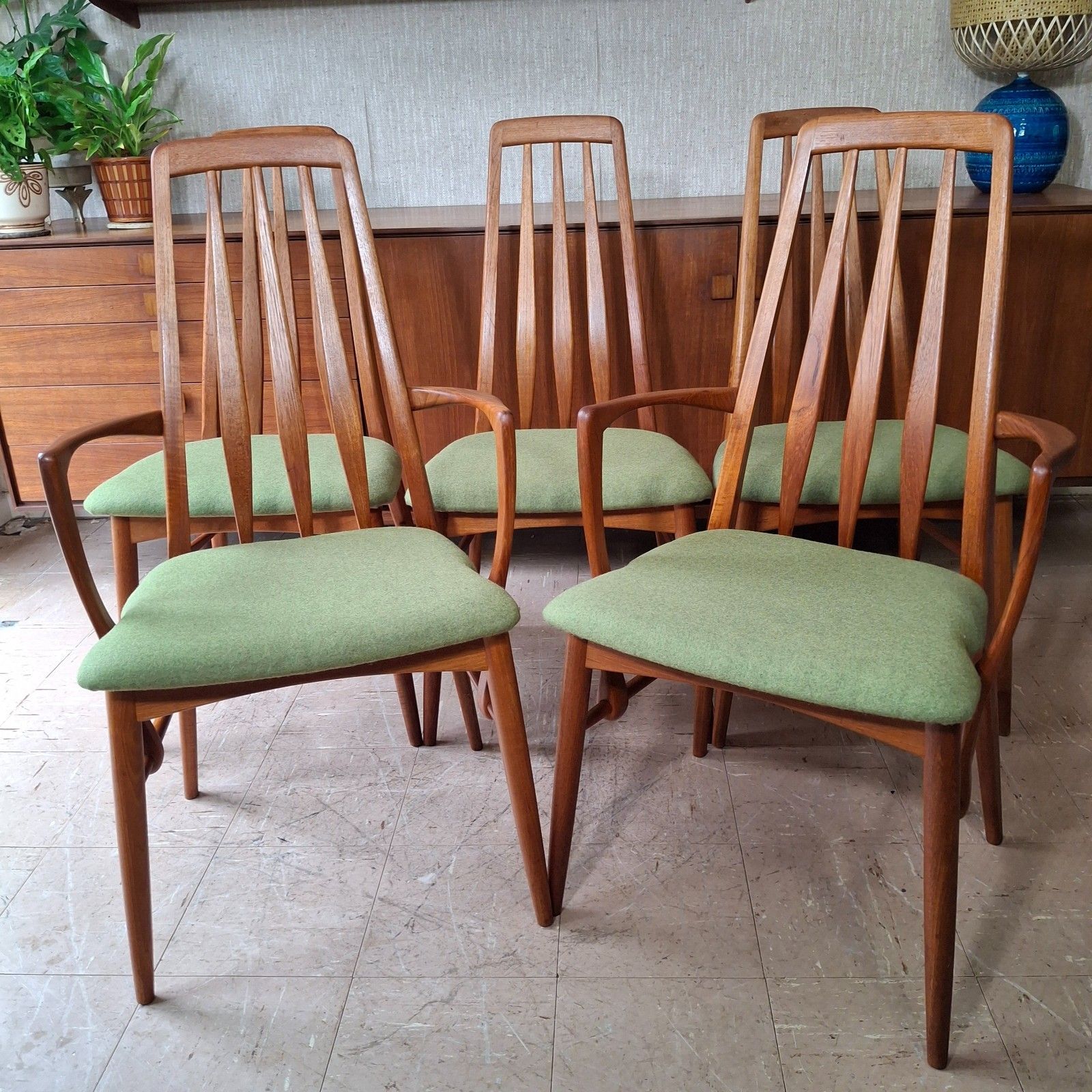 Furniture Fab Vintage Set Of 6 Danish Teak Niels Koefoed Eva Dining Chairs Green Wool photo