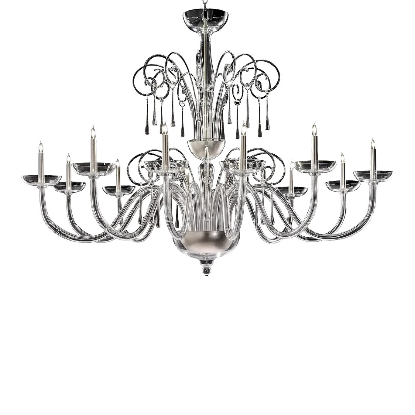 Grand Venetian “Curls” Murano Glass Chandelier In Clear Glass