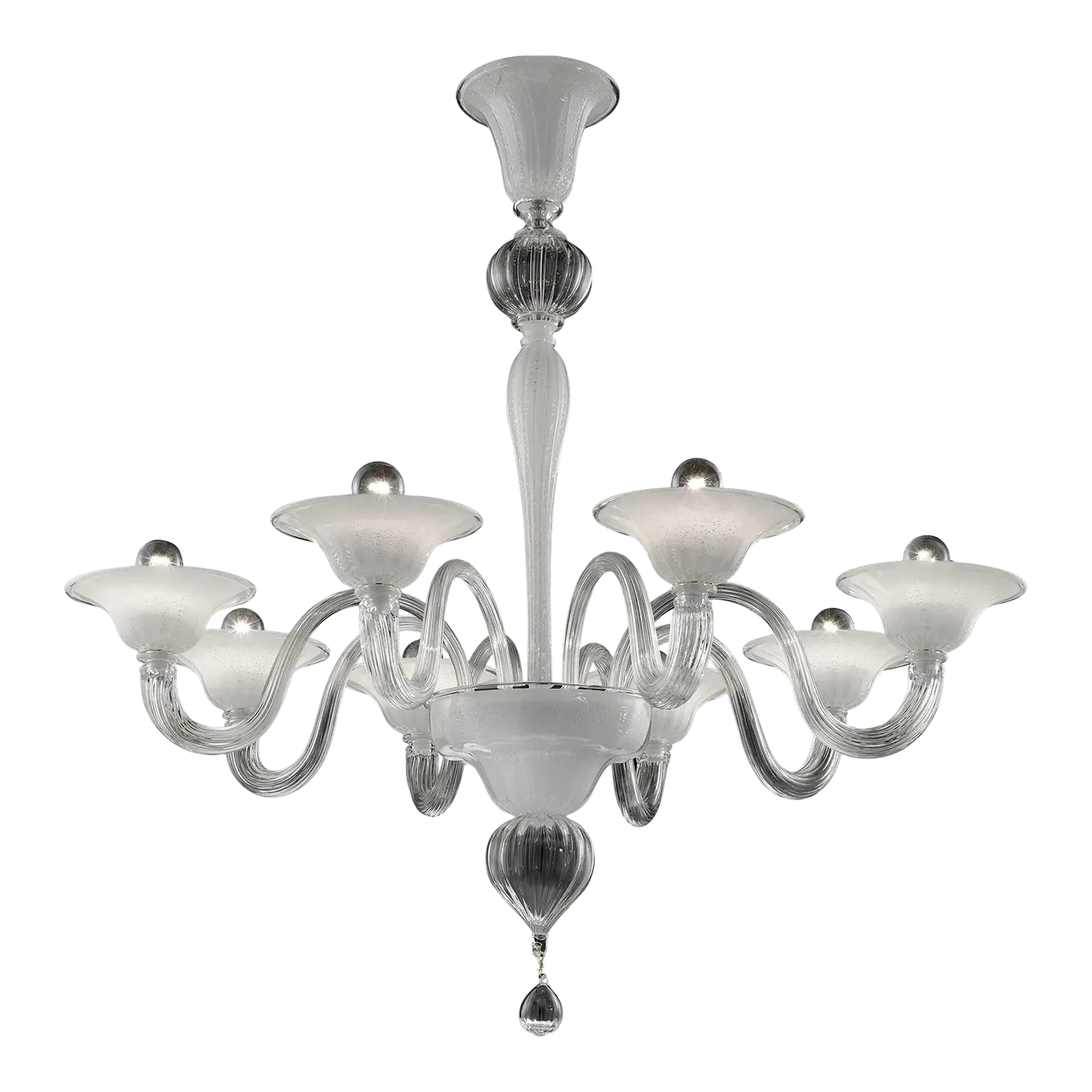 Modern Venetian Murano Glass Chandelier In Transparent And White Tones With Silver Leaf