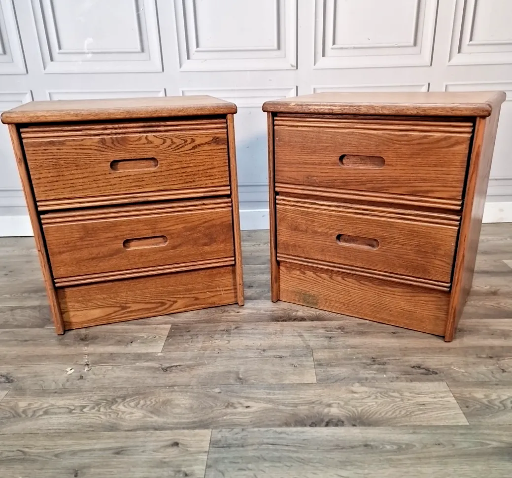 Pair Military Bedside Cabinets Vintage Oak Effect 2 Drawer Us Navy Tables