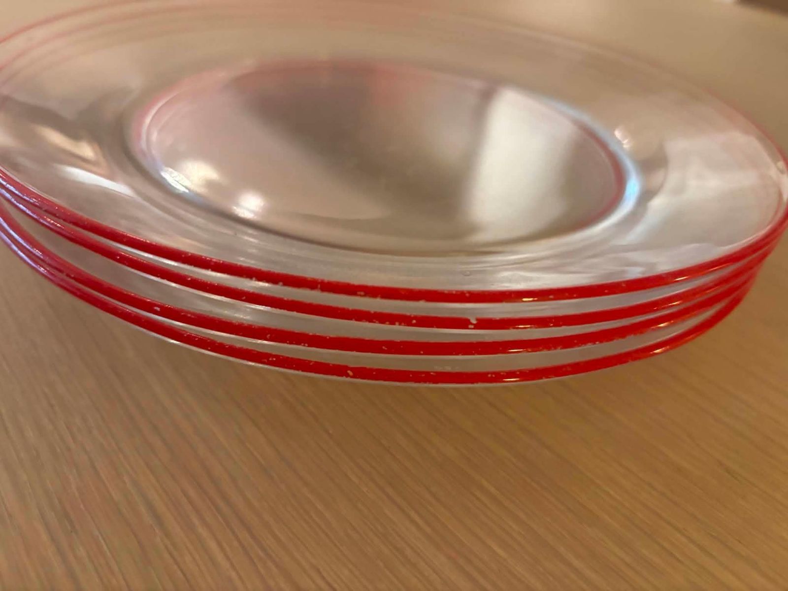 Vintage Vsg France Red Rim Glass Dinner Plates Set Of 4, 1950s 1960s French Transparent Glass Plates, Mid Century Durable Tableware photo buy