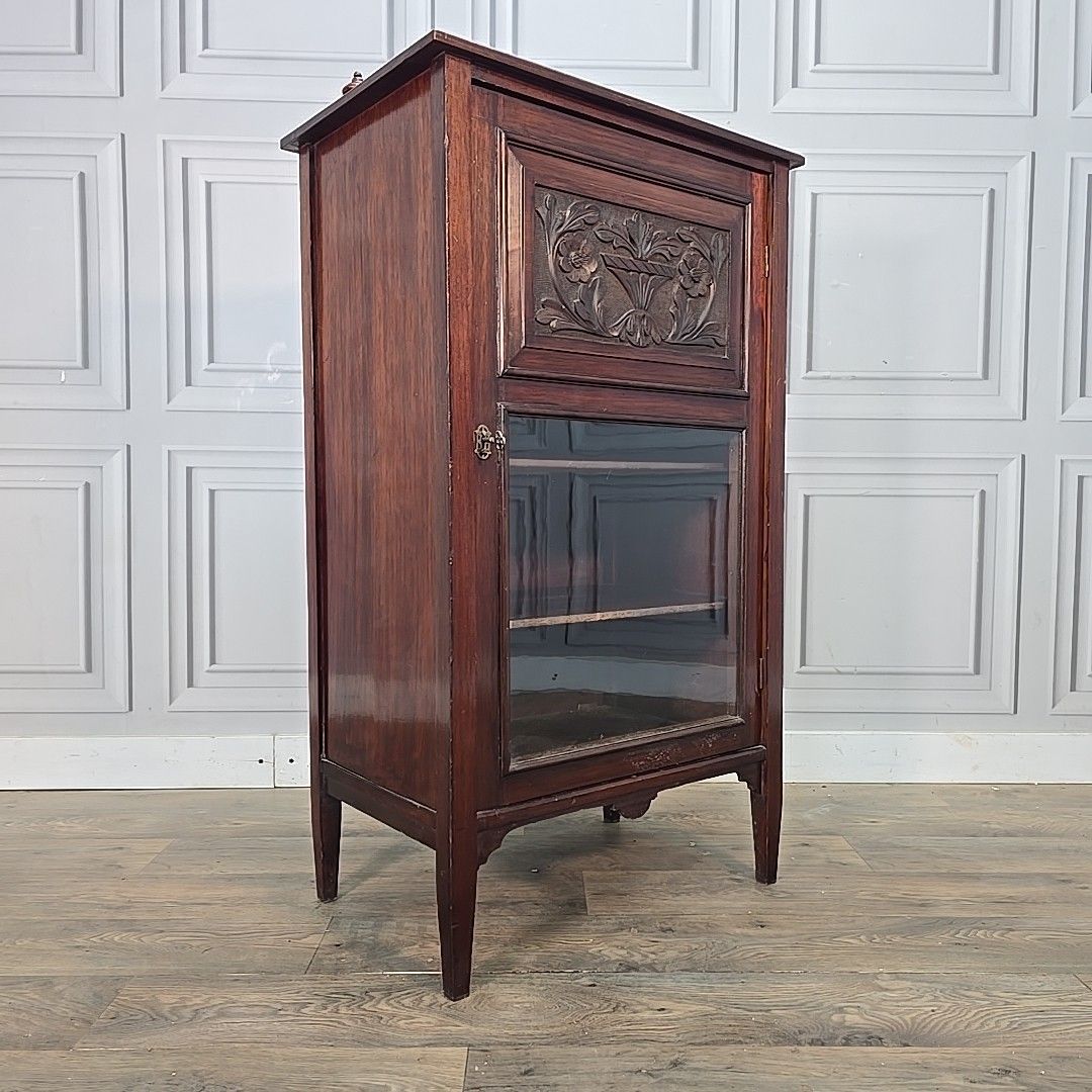 Antique Mahogany Cabinet Carved Panel Glazed Door Display Cupboard Shelves Wood