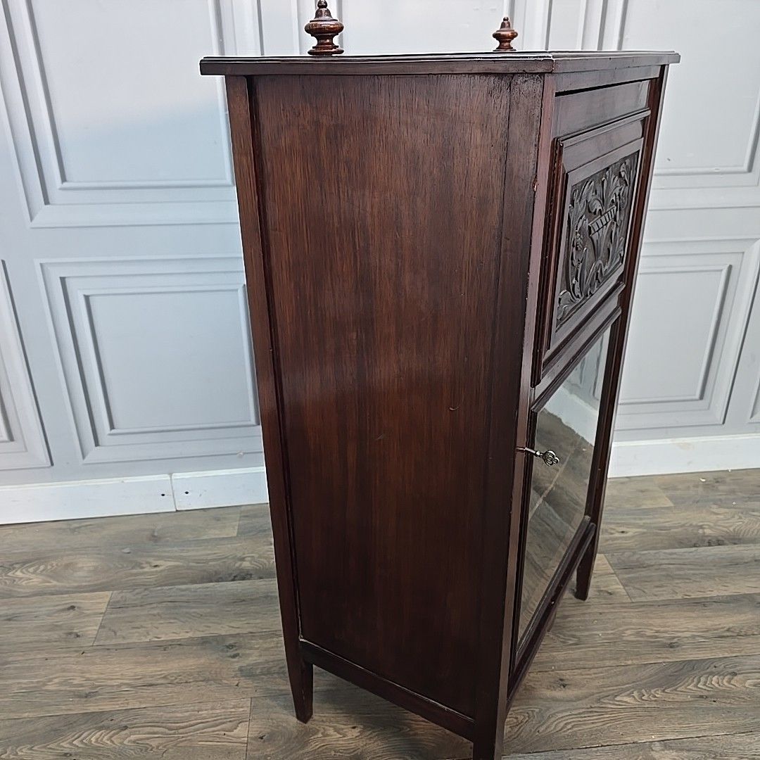 Furniture Antique Mahogany Cabinet Carved Panel Glazed Door Display Cupboard Shelves Wood photo