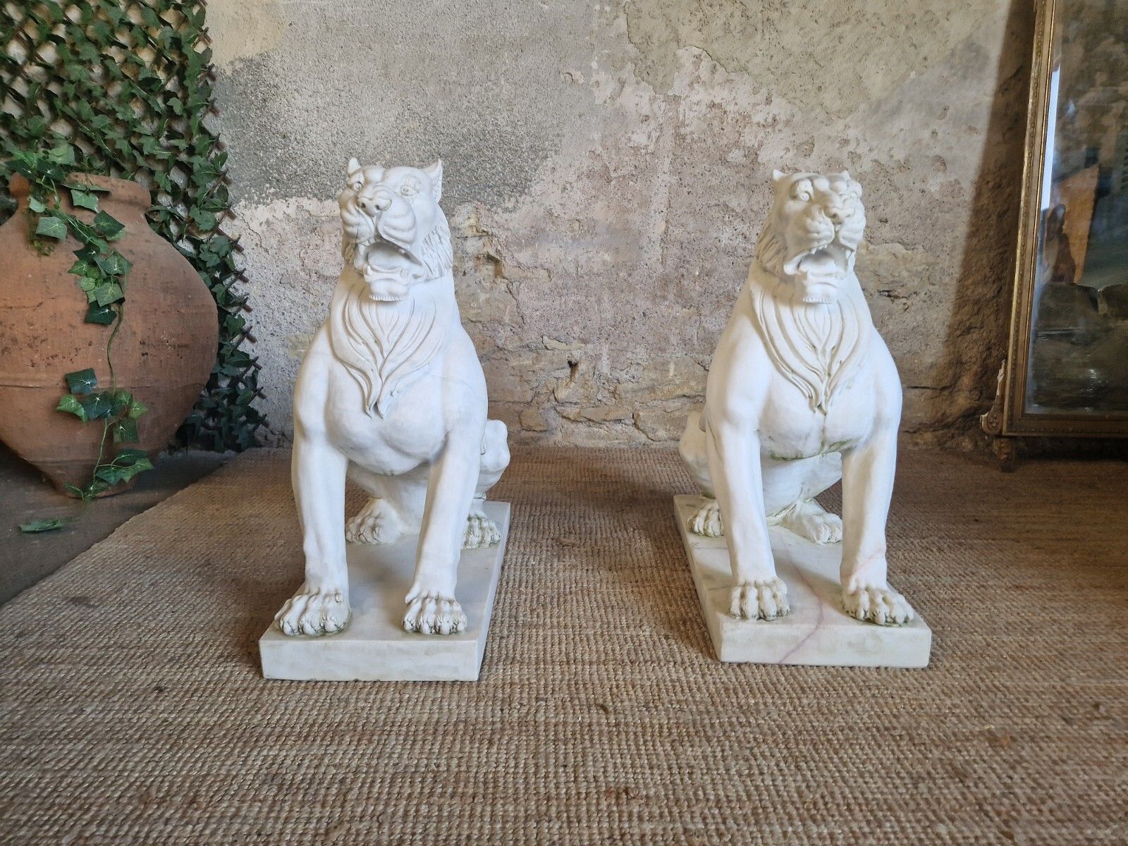 Pair Of Art Deco Life Size Marble Guarding Lions Statues