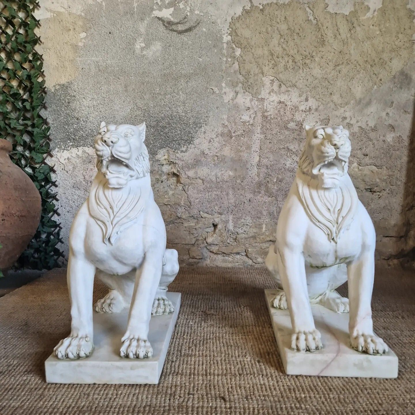 Pair Of Art Deco Life Size Marble Guarding Lions Statues photo furniture