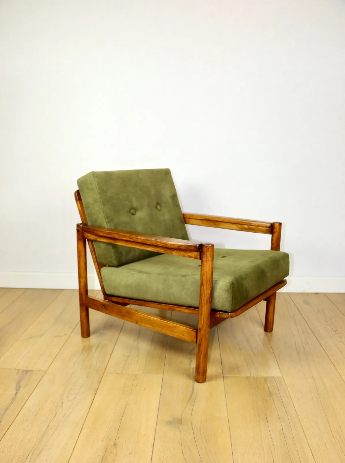 Wooden Armchair Designed By Z. Baczyk Vintage, Olive Green Velvet