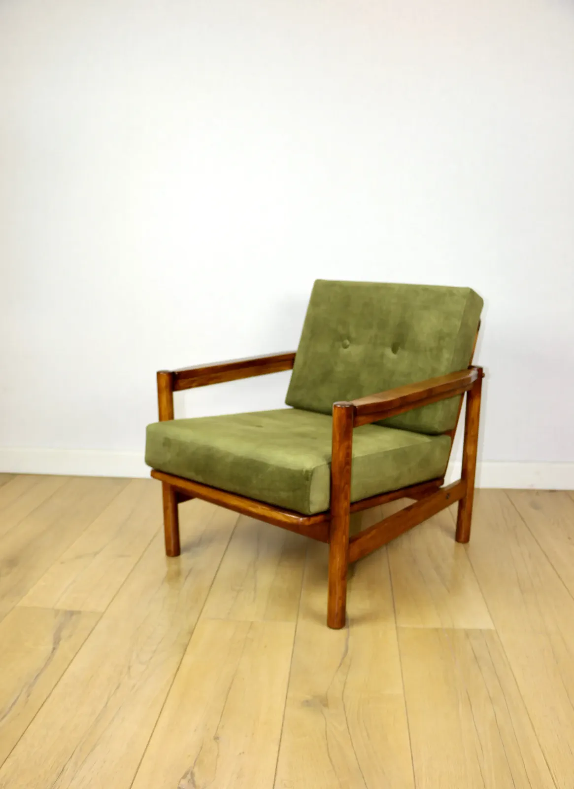 Wooden Armchair Designed By Z. Baczyk Vintage, Olive Green Velvet photo for sale