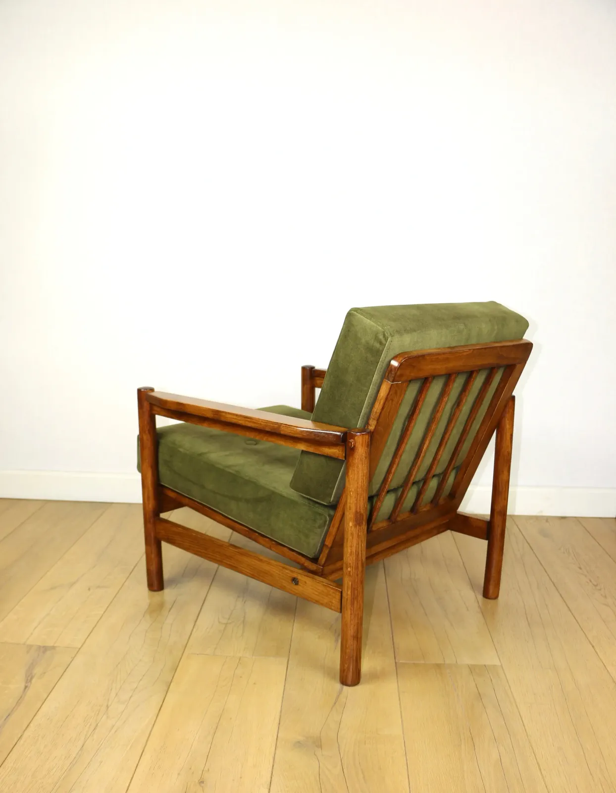 Wooden Armchair Designed By Z. Baczyk Vintage, Olive Green Velvet photo vinterior