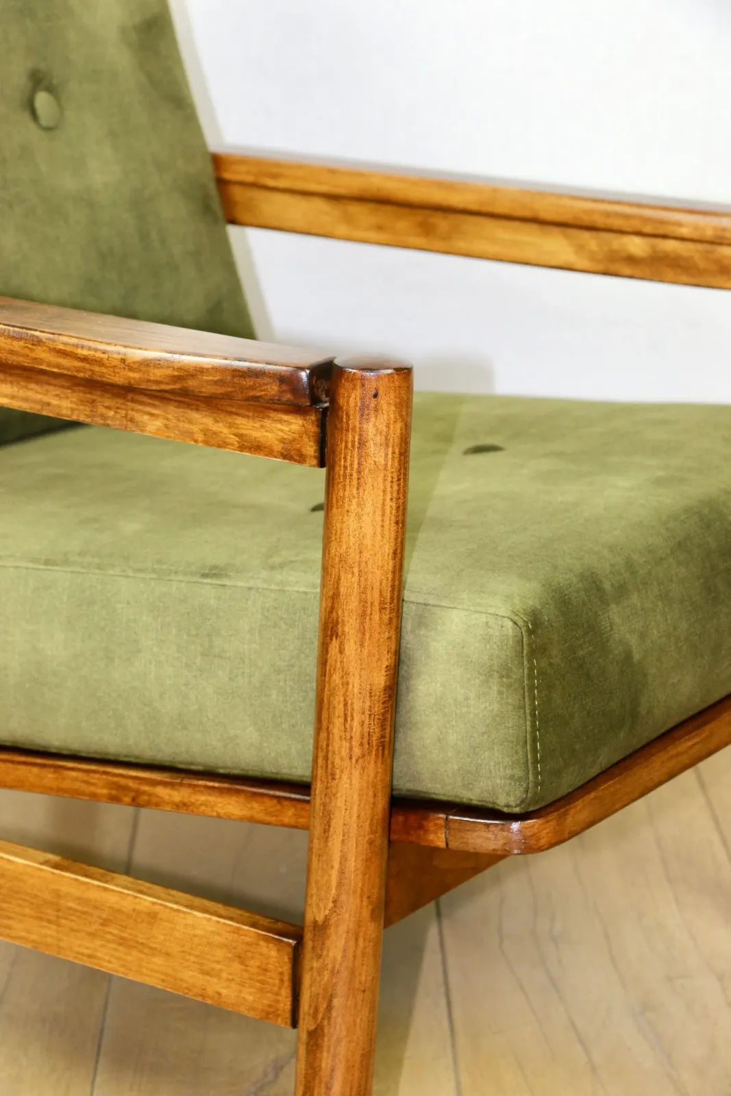 Furniture Wooden Armchair Designed By Z. Baczyk Vintage, Olive Green Velvet photo