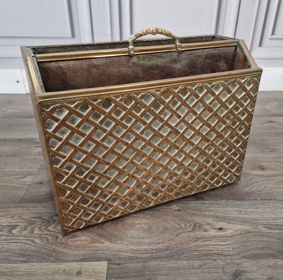 Vintage Brass Magazine Rack Embossed Lattice Style Newspaper Paper Holder Retro