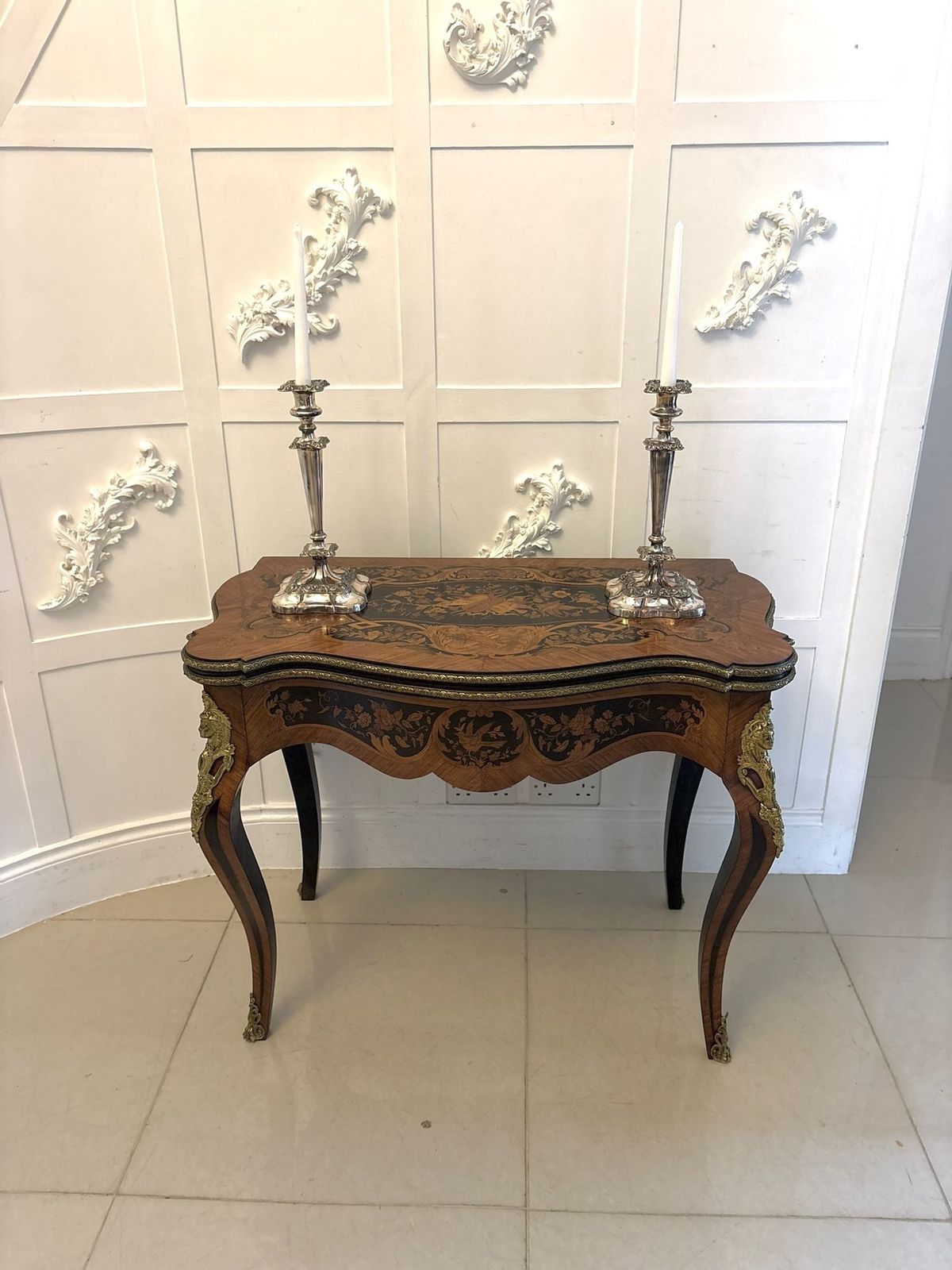 Antique French Kingwood Marquetry Card Table Ormolu Mounted Louis XV Style photo for sale