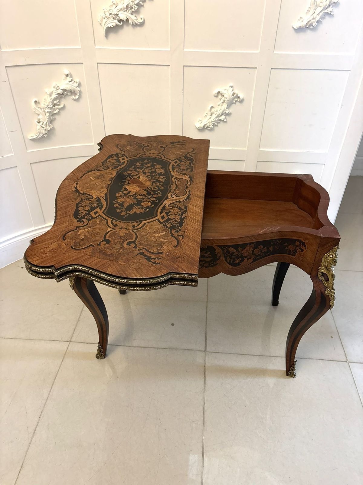 photo for sale Antique French Kingwood Marquetry Card Table Ormolu Mounted Louis XV Style