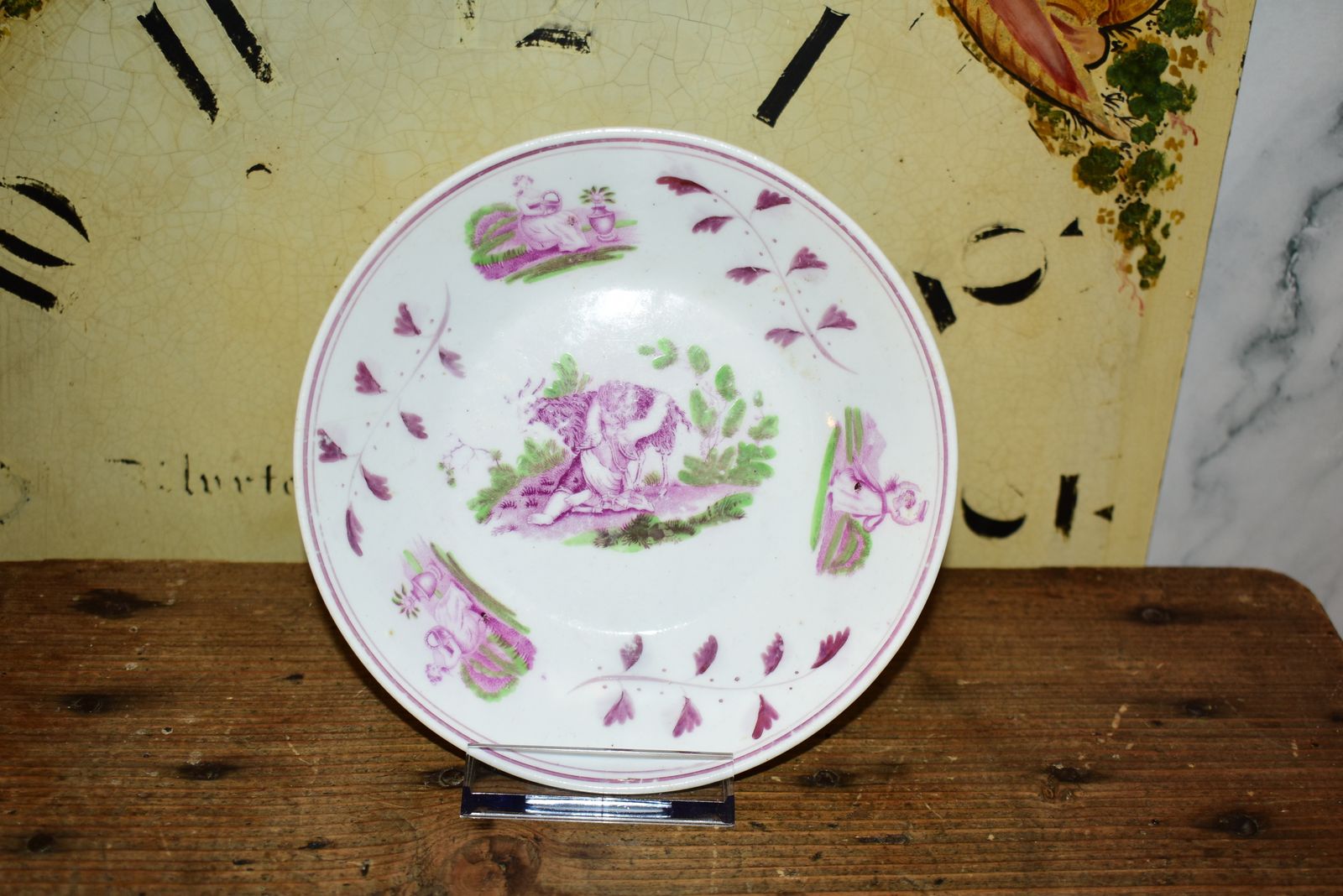 Staffordshire Porcelain Cupid & Pan Saucer Dish, Puce CamaïEU Rose, C. 1800