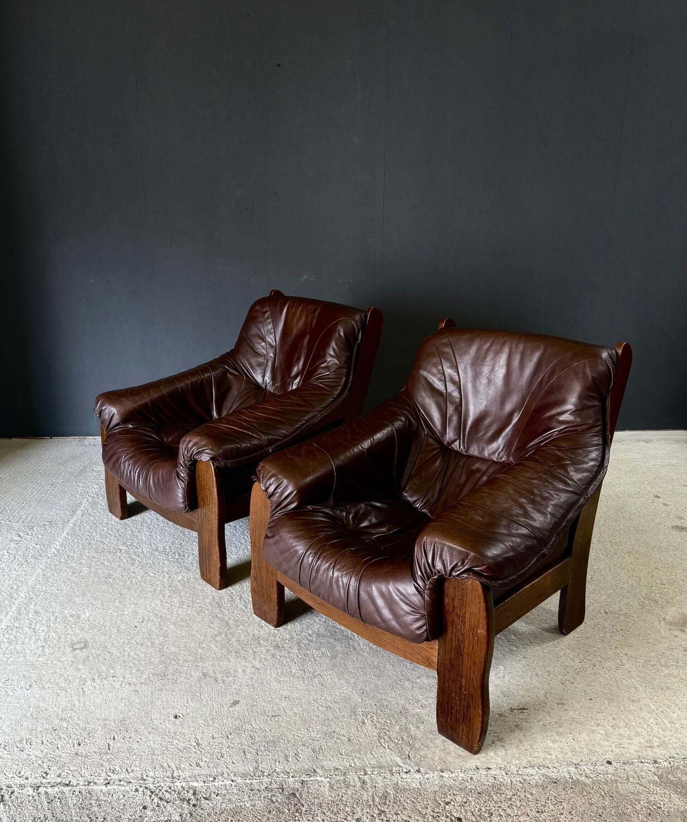 Brutalist Design Fauteuilset Van Leer En Eiken, België, Jaren 1970 photo furniture