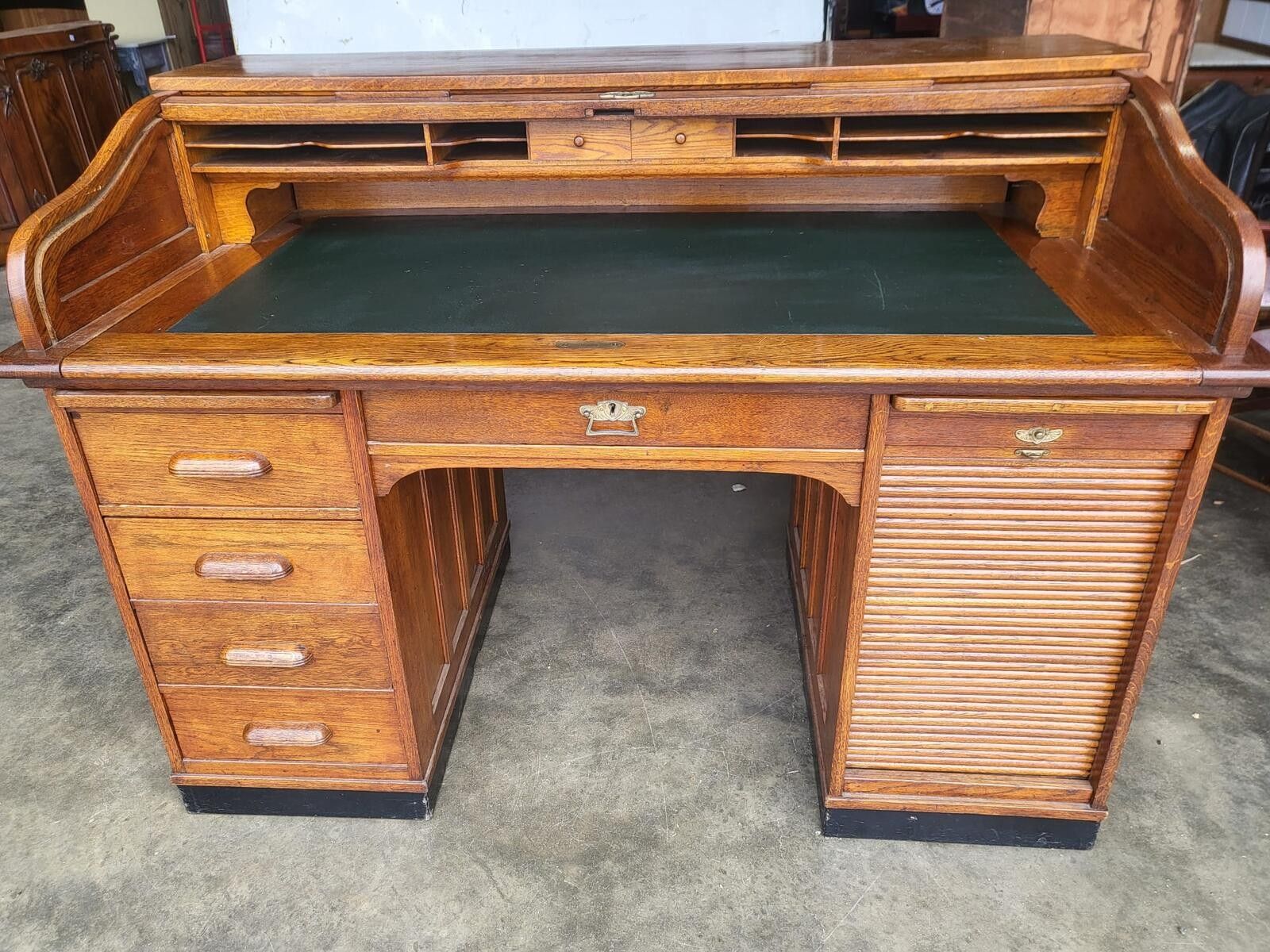 Antique Oak Roll Top Tambour Twin Pedestal Desk Drawers photo furniture