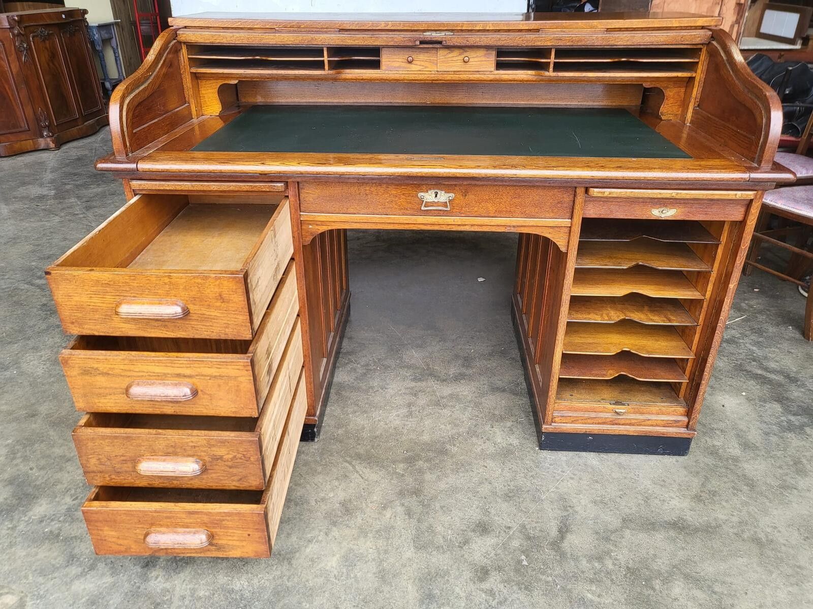 Antique Oak Roll Top Tambour Twin Pedestal Desk Drawers photo Furniture