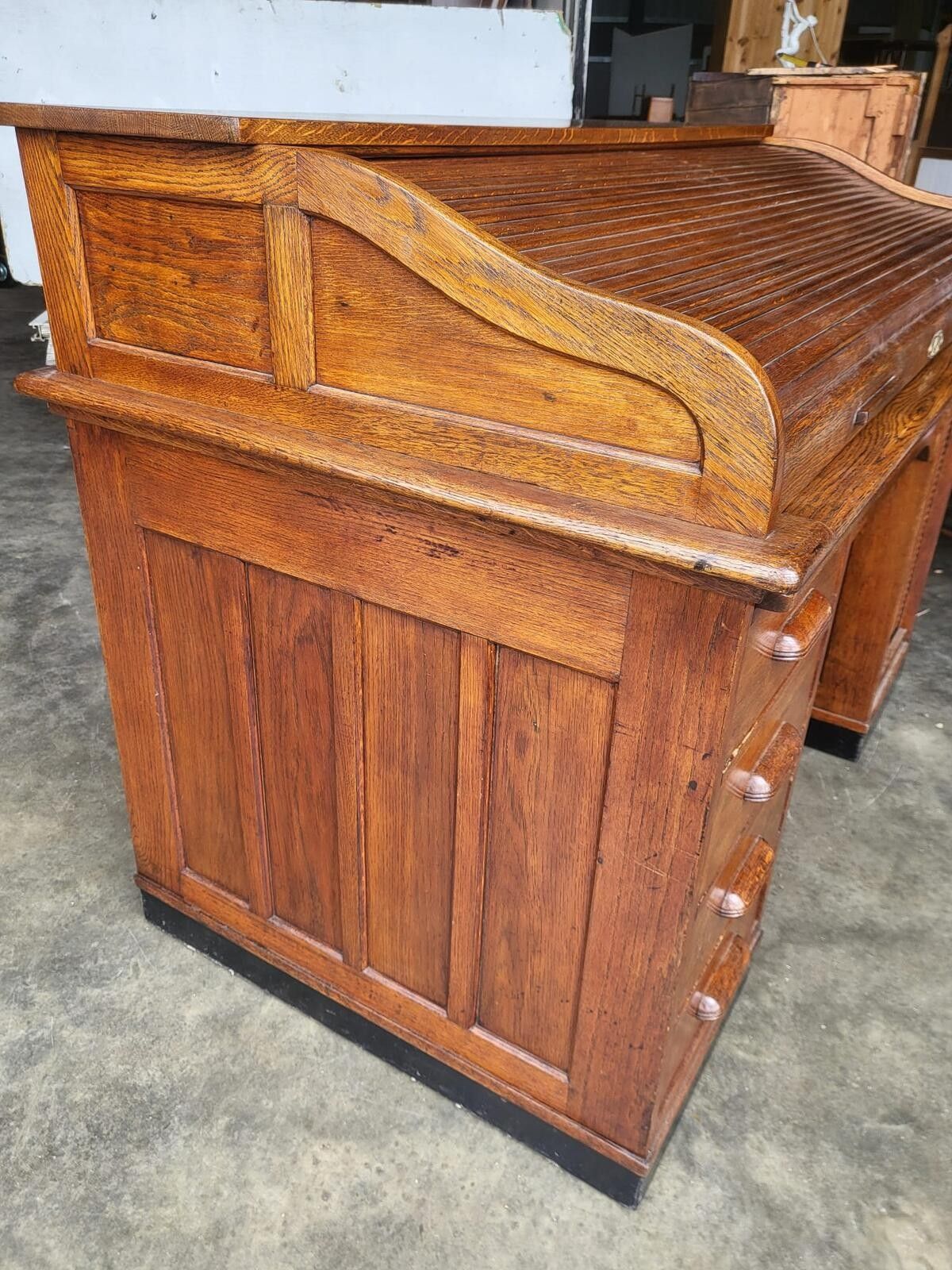 Antique Oak Roll Top Tambour Twin Pedestal Desk Drawers photo vintage
