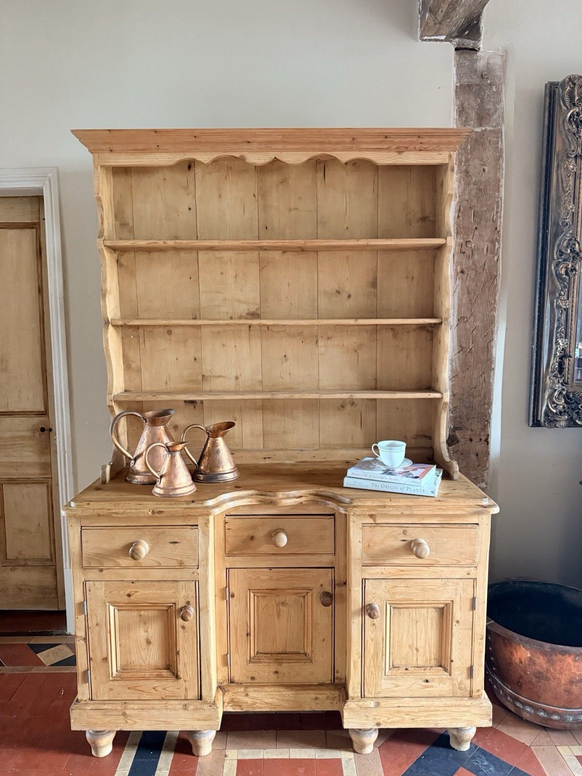 Vintage Farmhouse Rustic Country Pine Kitchen Welsh Cabinet Dresser W/Plate Rack photo furniture