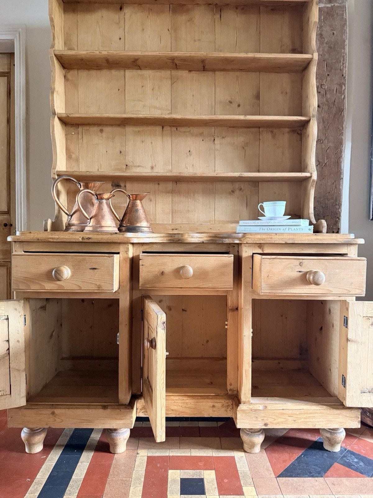 Vintage Farmhouse Rustic Country Pine Kitchen Welsh Cabinet Dresser W/Plate Rack photo Furniture