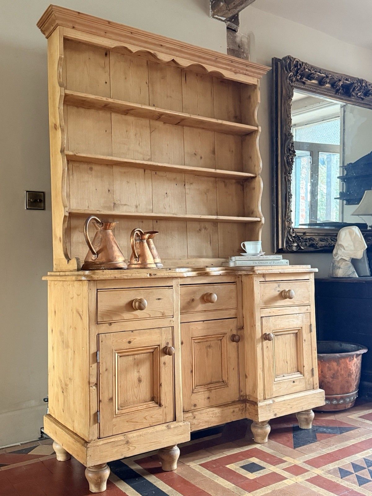 Vintage Farmhouse Rustic Country Pine Kitchen Welsh Cabinet Dresser W/Plate Rack photo vinterior