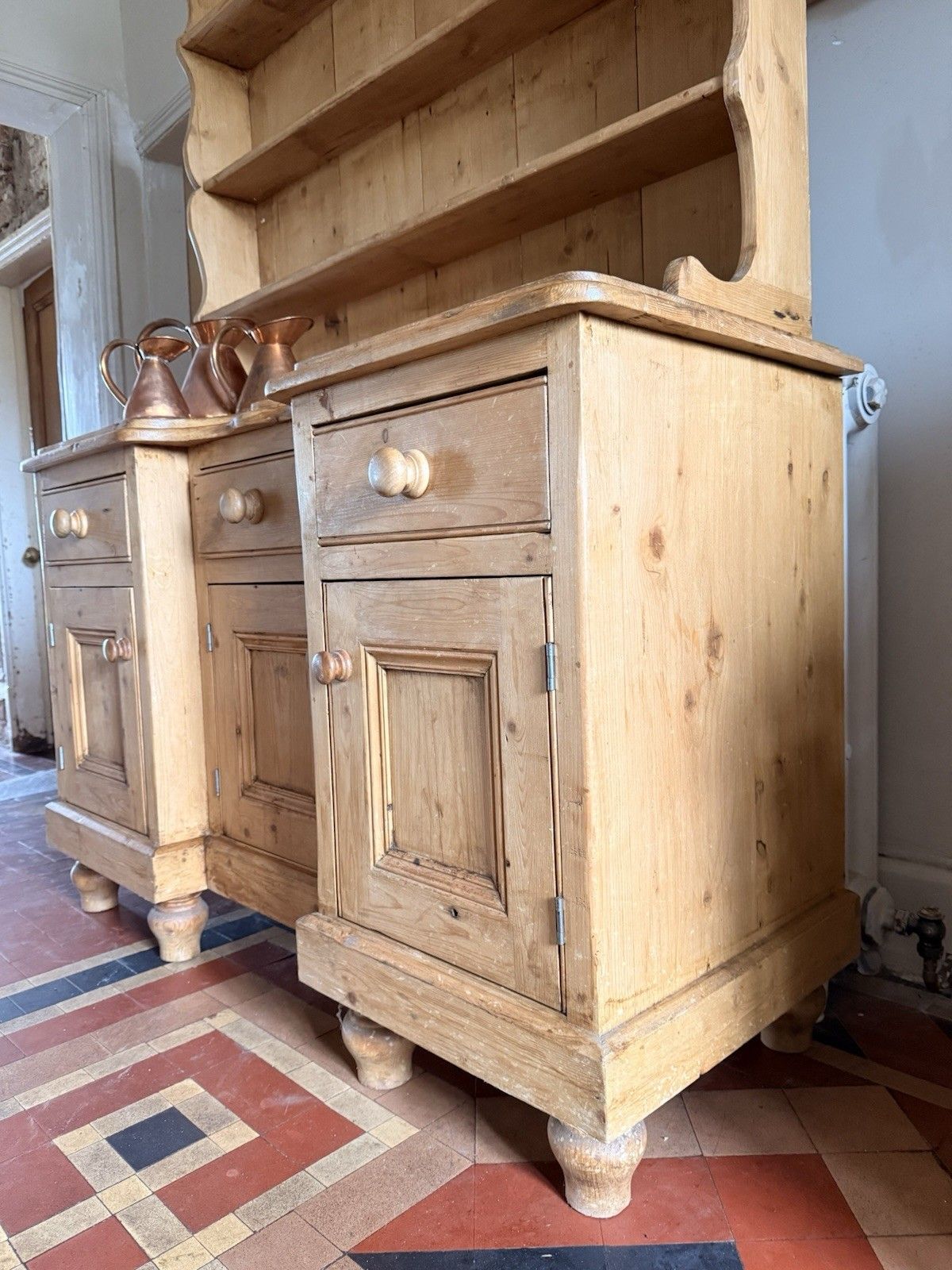 photo for sale Vintage Farmhouse Rustic Country Pine Kitchen Welsh Cabinet Dresser W/Plate Rack