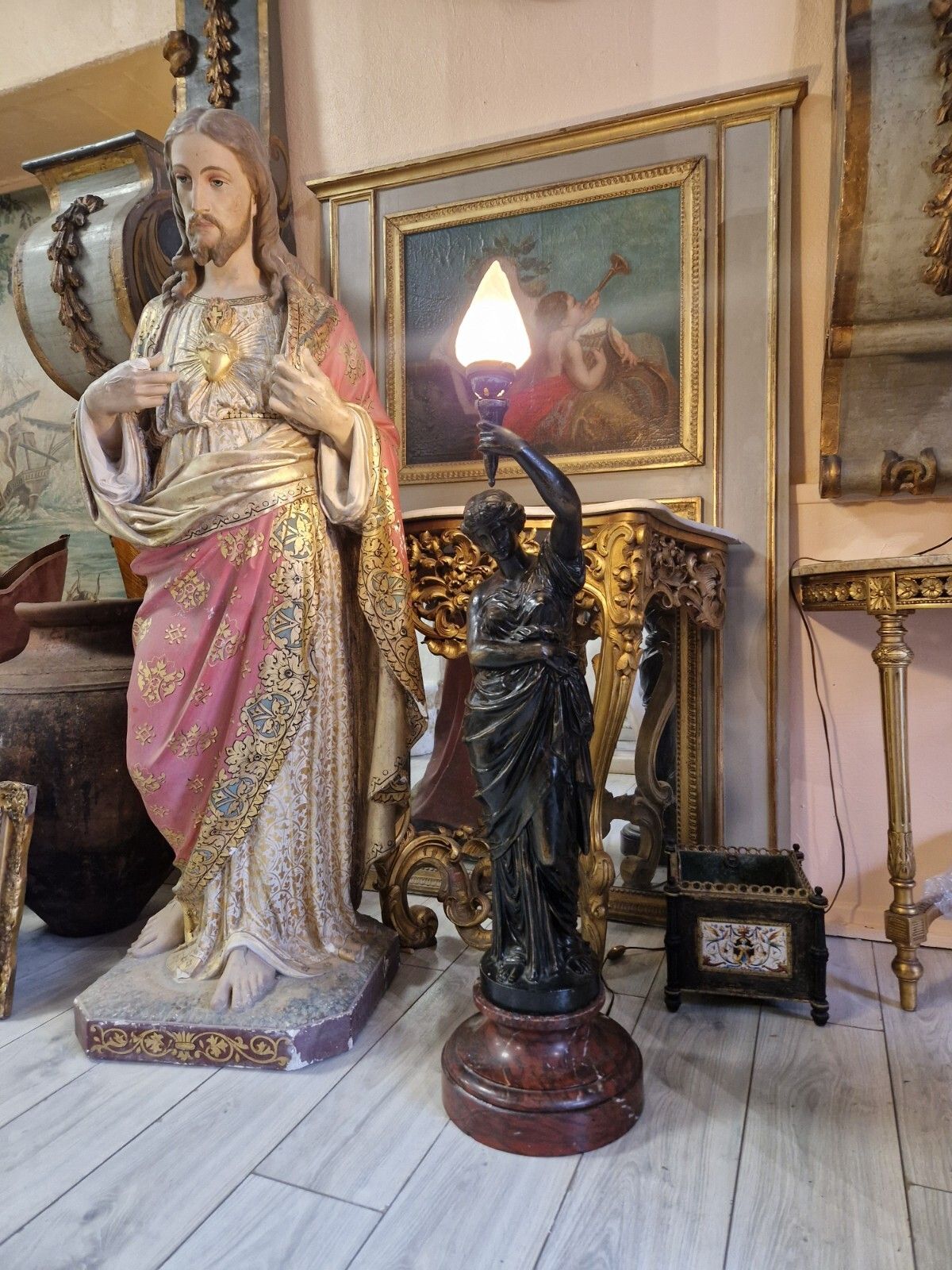 Antique Large French Liberty Table Or Floor Lamp 19th Century 120cm Marble Base photo vintage