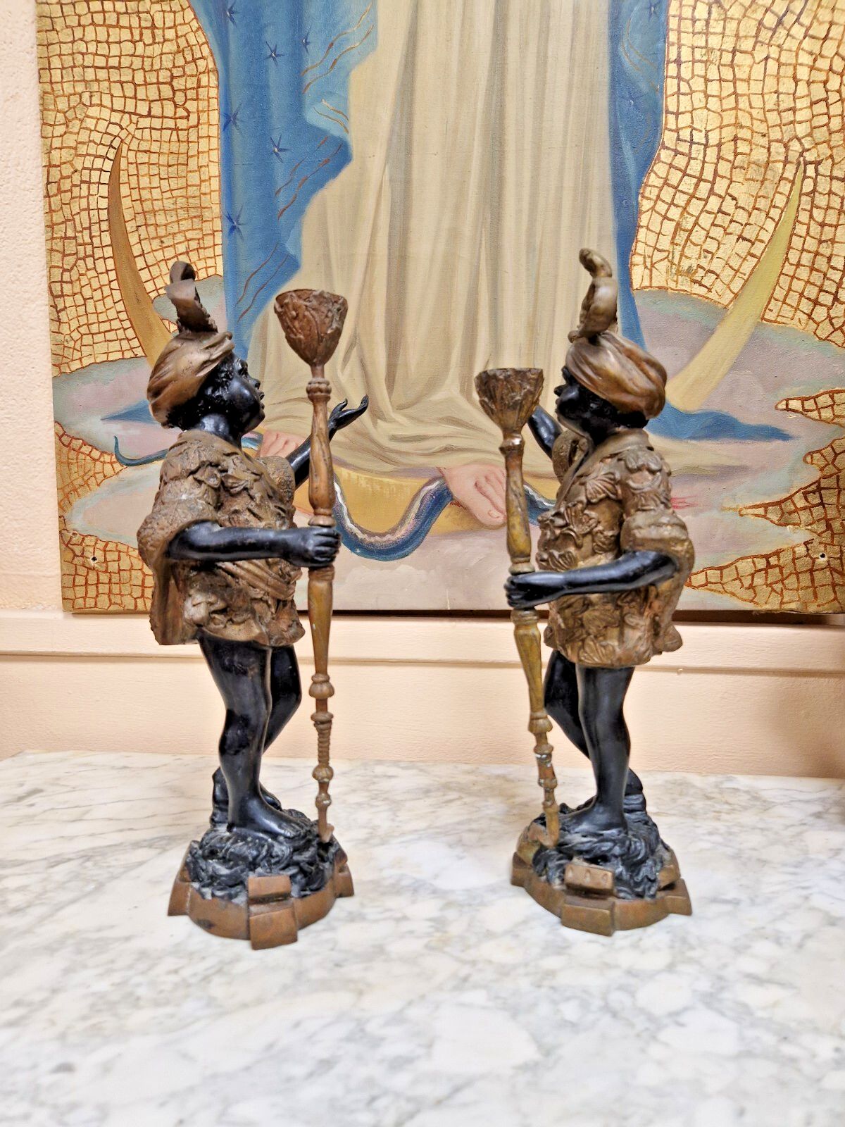 Pair Of Antique Italian Candlesticks Bronze Venetian Sculptures 19th Century photo buy
